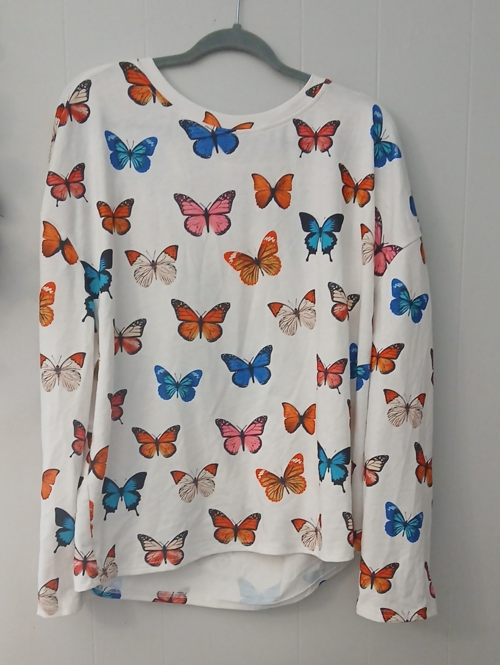 SHEIN White Long Sleeve Top with Blue, Orange, Pink & Cream Butterflies - Picture 2 of 5